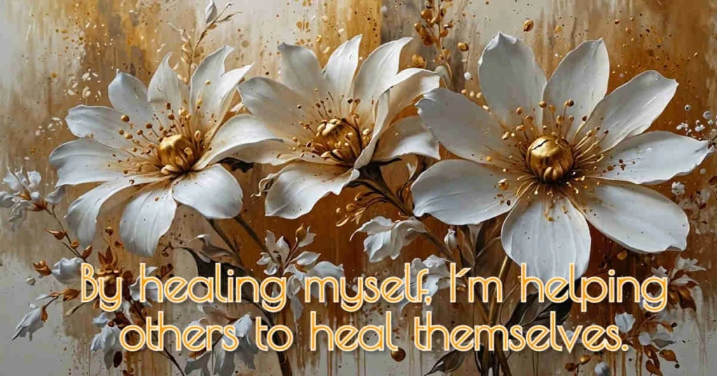 Three large white and gold flowers on a painted background with the text: By healing myself, Im helping others to heal themselves. written at the bottom in elegant lettering—a gentle nod to the journey of psychic healing.
