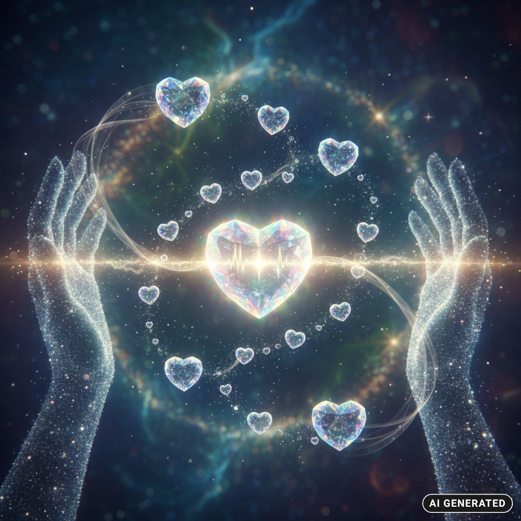 AI Generated: Two ethereal, sparkling hands cradle a glowing, crystalline heart surrounded by a swirling ring of smaller heart-shaped gems against a cosmic nebula background.